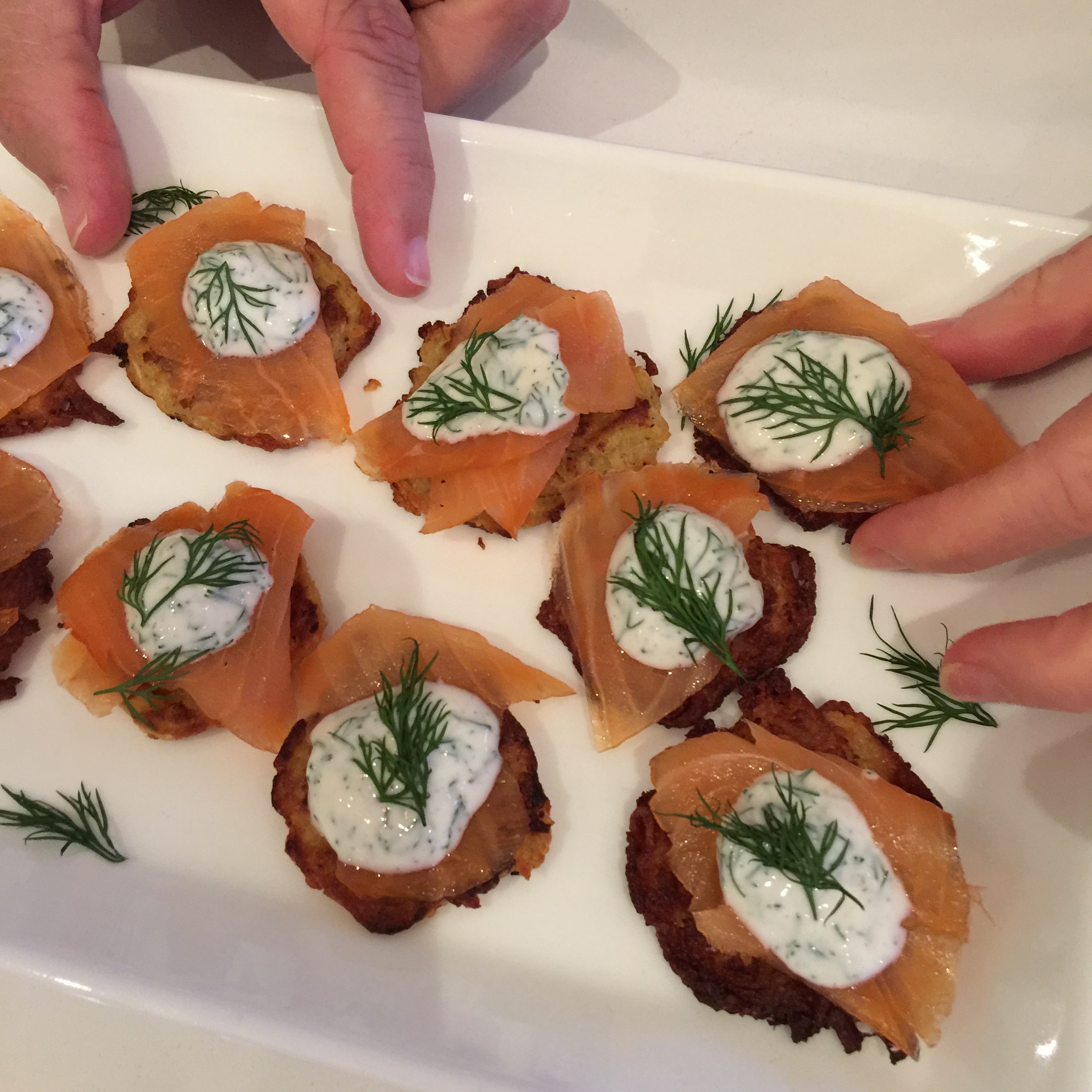 potato blinis, mini potato latkes, side dish, hors doeuvres, potato, latke, smoked salmon