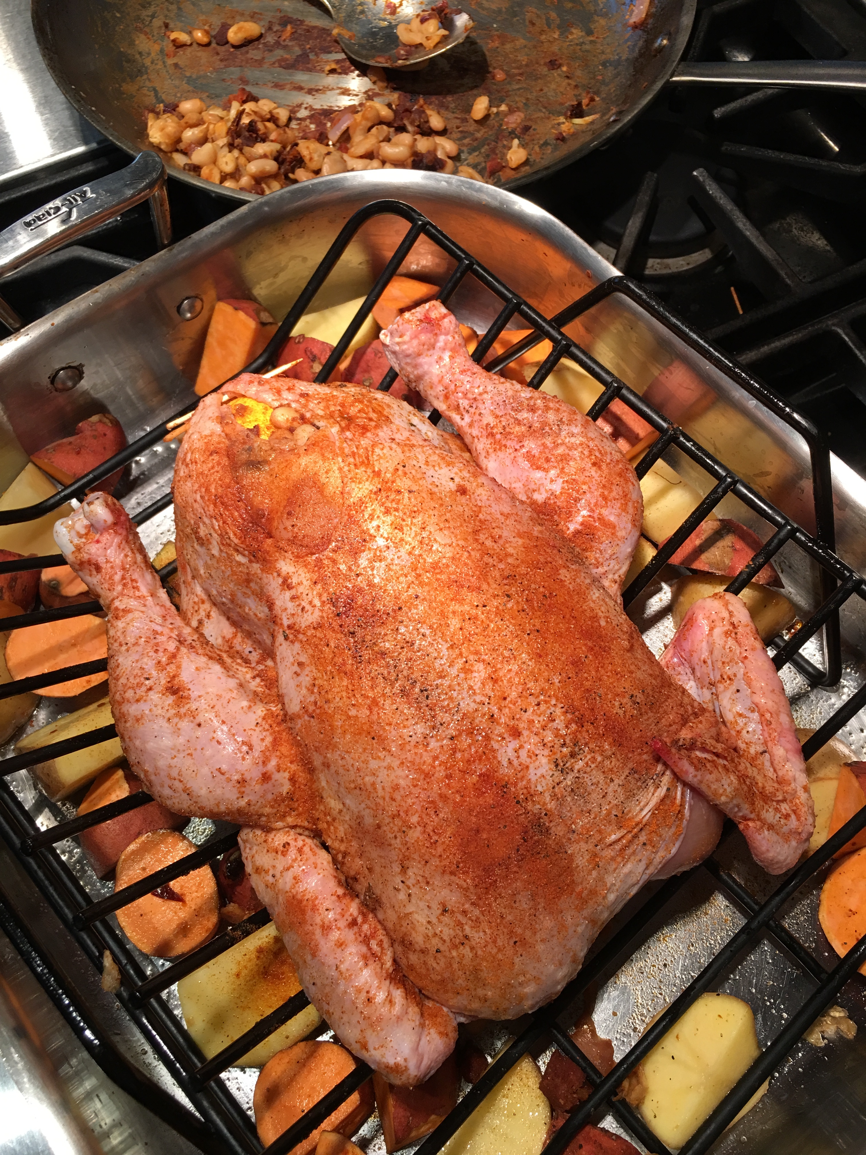 roast chicken, stuffing, chorizo, cannellini beans. Thanksgiving, Christmas