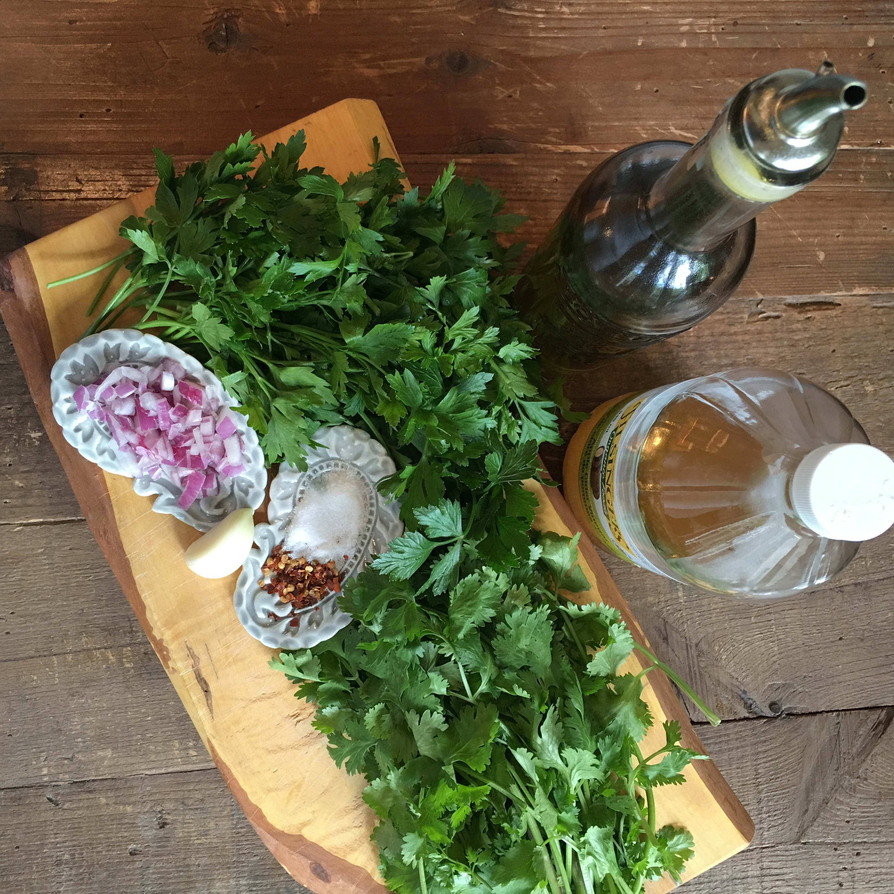 chimichurri ingredients, cilantro parsley onion garlic salt red pepper flakes apple cider vinegar olive oil