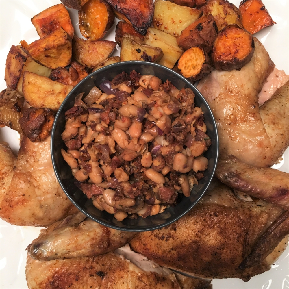 roast chicken, stuffing, chorizo, cannellini beans. Thanksgiving, Christmas