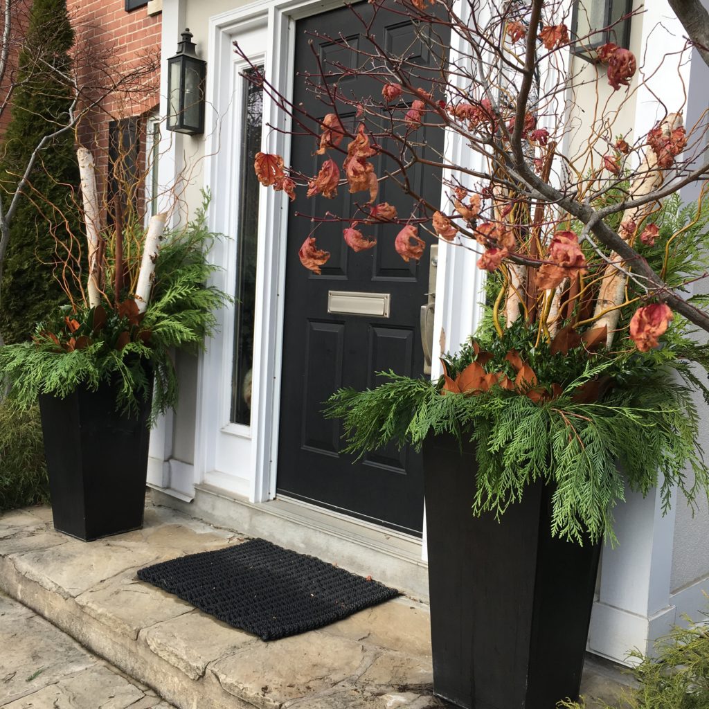Outdoor winter planters, front entry pots, winter front entry pots